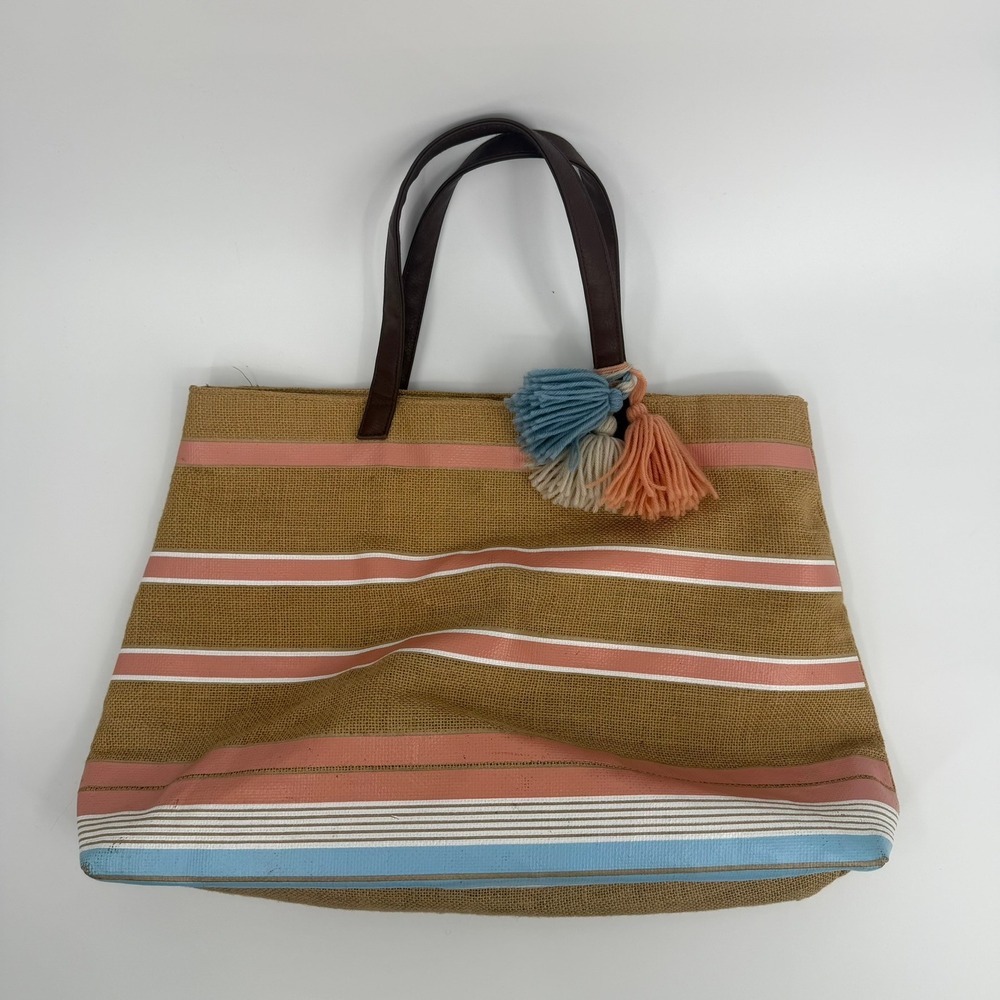 Unbranded Beach Tote Bag Striped Tassel Y2K Women Large Tan Pink Blue Streetwear